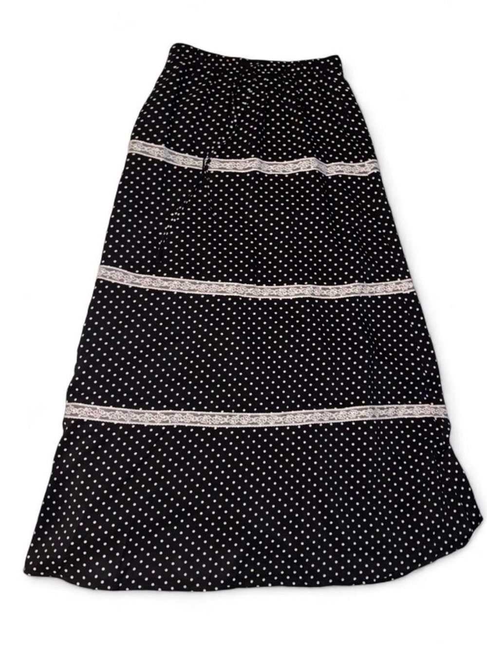Women's Black Polka Dot Maxi Skirt with Lace Trim